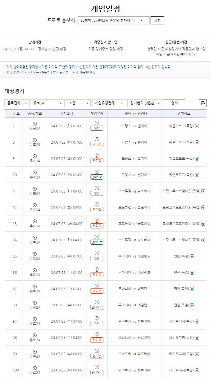 Sports Toto Korea will release the 80th round of the 'Euro 2024 Round of 16' prototype match from the 1st