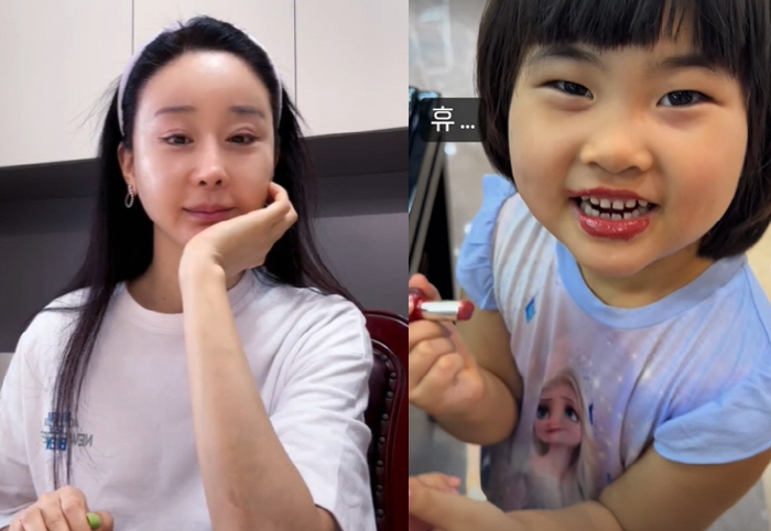 'No!' Ham So-won is embarrassed by her daughter, Hye-jeong, who applies a lot of cosmetics on display. → 7-year-old