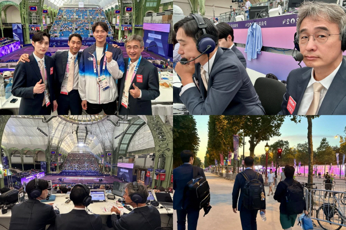 'Original Avengers' Kim Jung-hwan and Kim Jun-ho watch the 男 Sabres team event for the third consecutive time. Cheers