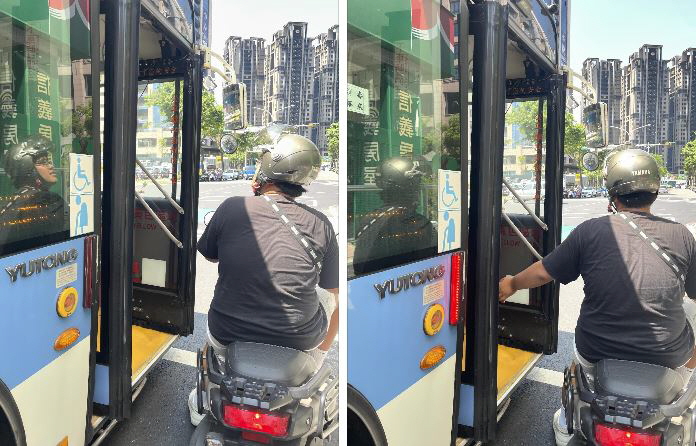 The driver who opened the front door of the bus in the heat of the day is on the motorcycle 'Are you feeling a little cooler?'