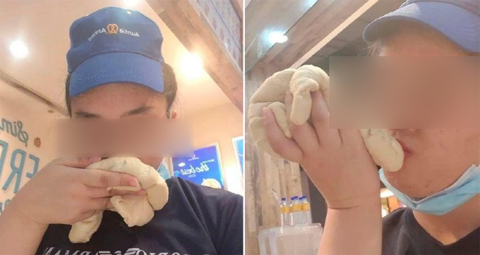 Kissing flour dough and squeezing it with bare hands. Famous franchise 'Sorry'