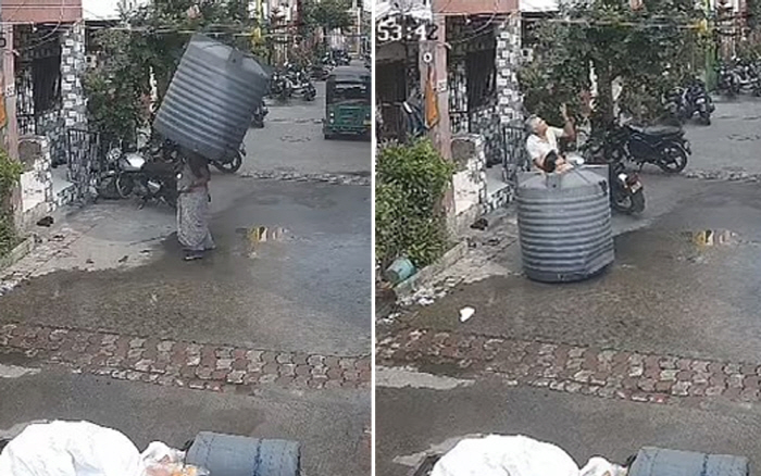 A large water tank survives a woman who has completed her prayer overhead 'God's grace'