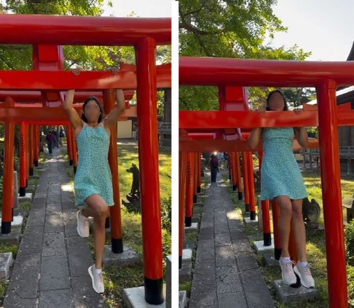 Chilean gymnast hangs like an iron bar on the symbol of the Japanese shrine 'Hesemae'