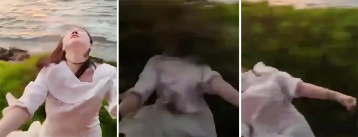 Female Tourist Clinging to Train and Filming Video Caught on a Tree Fall