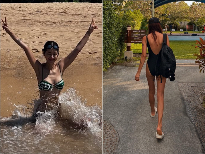  Are you sure you're the mom of two kids?Kim Bin-woo surprises the golden pelvis line behind his perfect swimsuit