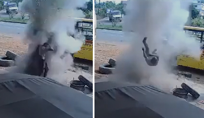 Tire explosion under repair, teen employee bounces 2m high