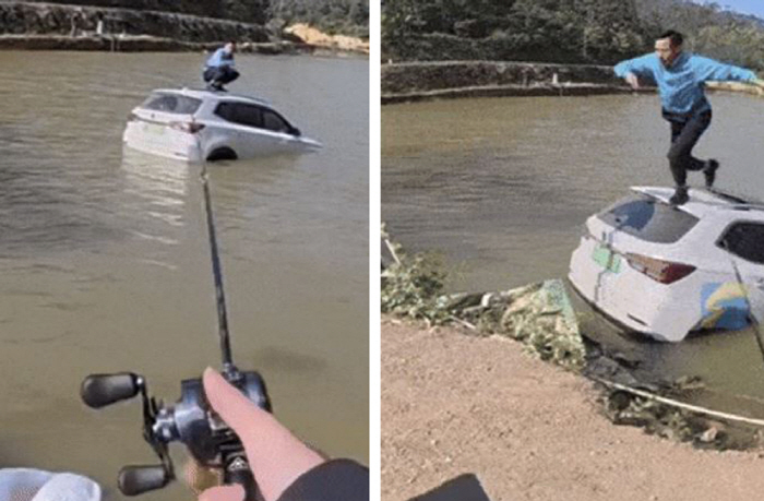 I caught a car instead of a fish...Drowning vehicle, pull up fishing to get the driver