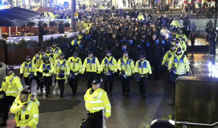 The chaotic Old Trafford Europa League match against Manchester United Rangers, a home away fan fight. 39 arrested