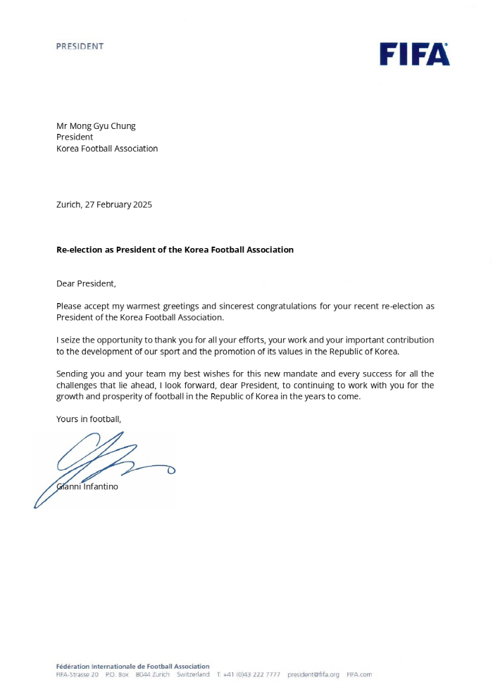 Congratulations to President Chung Mong-gyu on his re-election, FIFAAFC President's congratulatory letter