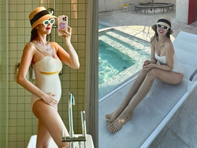 Twin pregnancy Ji So-yeon, wearing a swimsuit makes her belly puffy..Doongie who show off their presence