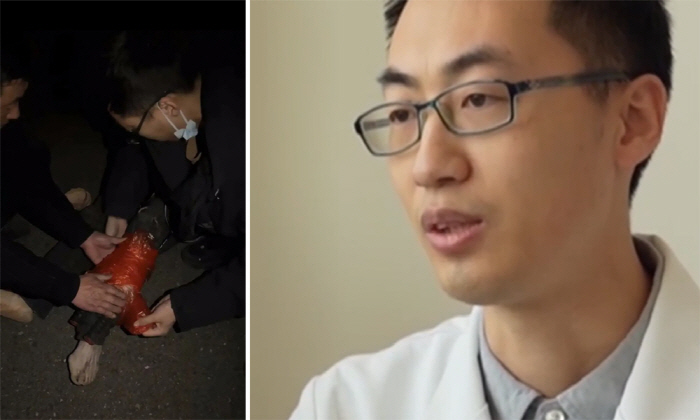 First aid for a car accident patient in his 70s with a broken leg, badminton racket, and plastic bag