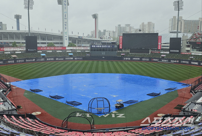 It stopped for a while, but it rained again. Eventually, the letter X came out. Rain cancellation against Lotte KT. Double header confirmed tomorrow. 