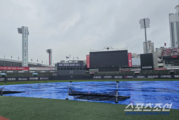 It stopped for a while, but it rained again. Eventually, the letter X came out. Rain cancellation against Lotte KT. Double header confirmed tomorrow. 