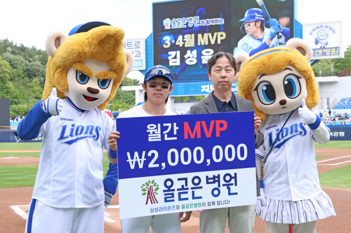 Samsung's Kim Sung-yoon, who hit hard with a batting average of 0.393, won the monthly MVP award in March at All Straight Hospital
