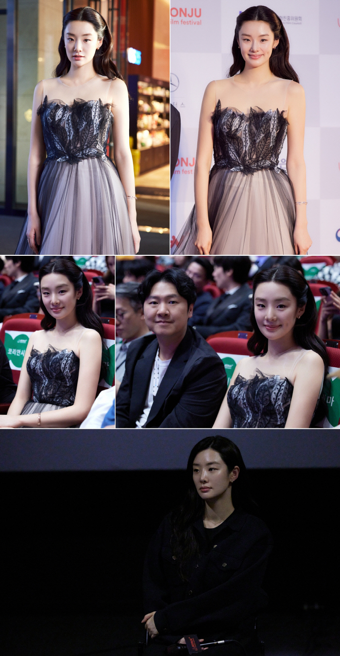 Stephanie Lee attends the Jeonju Film Festival..Off-shoulder dress and wavy hair