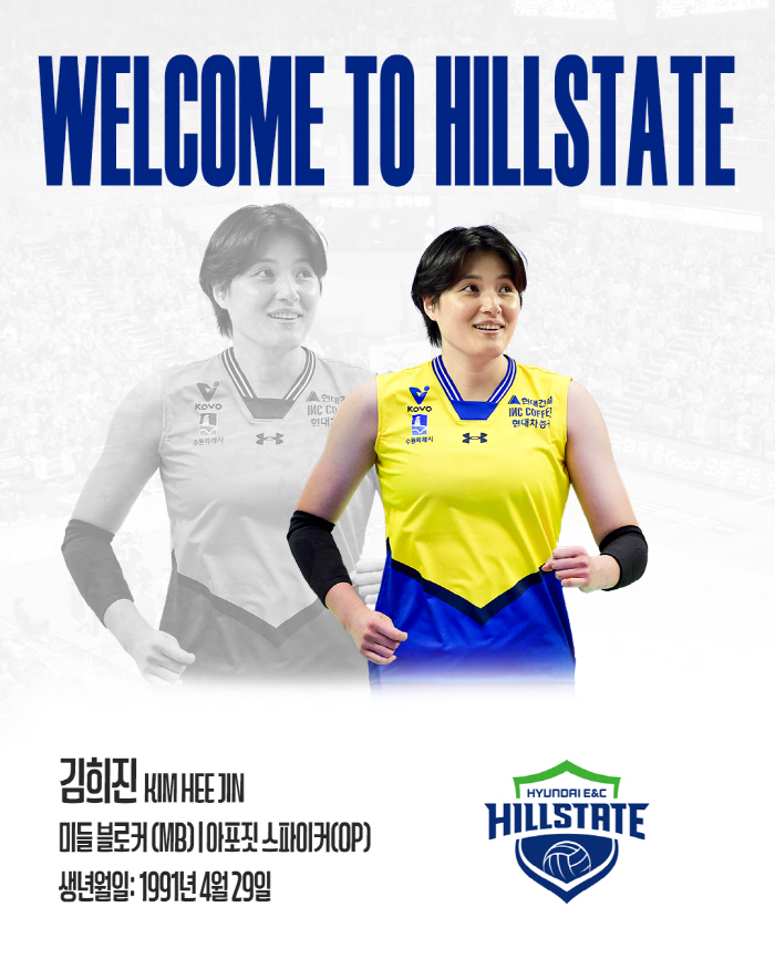 Industrial Bank of Korea franchise star Kim Hee-jin will play as an MB member of Hyundai Engineering & Construction Co., Ltd. 