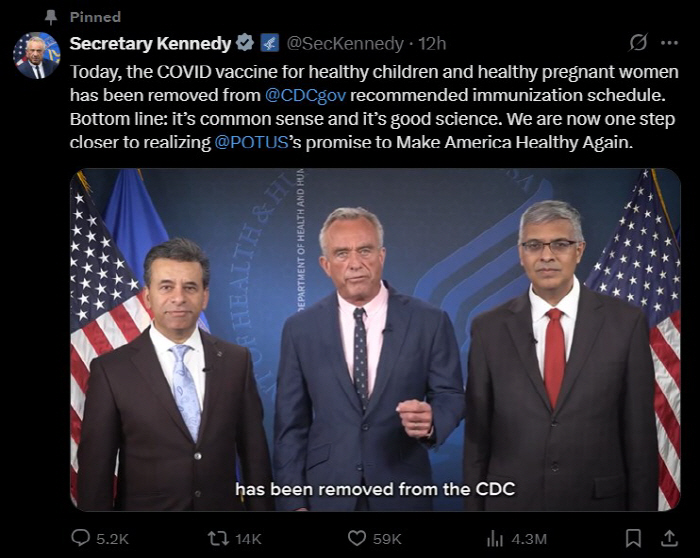 Health Secretary Kennedy Jr. Excludes Healthy Children and Pregnant Women from COVID-19 Vaccination Recommendations...the prospect of no free vaccination