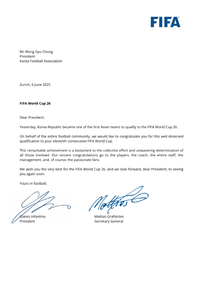 FIFA President Infantino Sent a Letter to President Chung Mong-gyu to congratulate him on his advance to the World Cup finals. Evidence of everyone's efforts and will