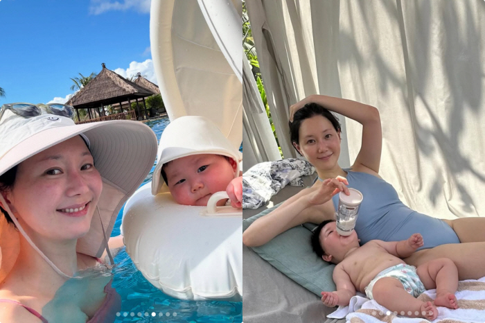 Lee Yoo-young, leisurely parenting in a swimsuit..♥ A daughter who looks just like her husband  an angel