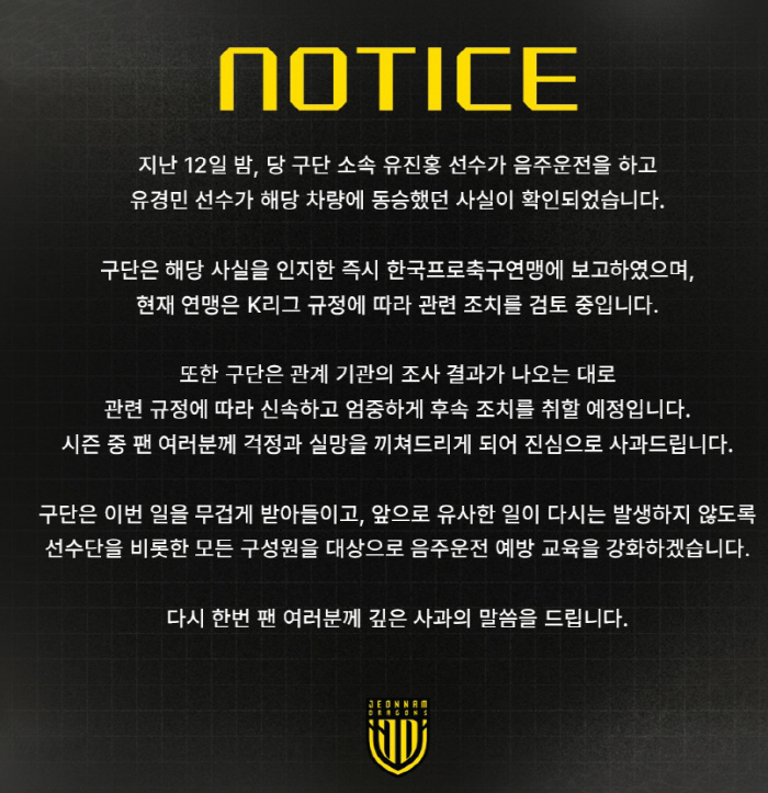  Yoo Jin-hong is still caught drunk driving → K League suspension for 60 days...South Jeolla Province's Official Apology