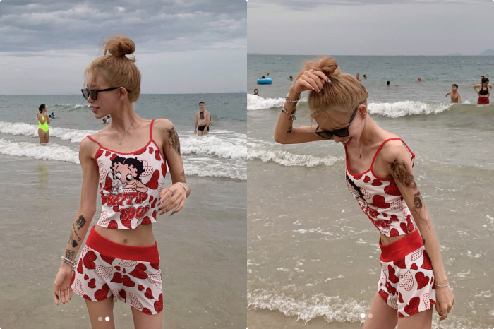55kg Weight Loss Choi Jun-hee Is She Wearing Baby Swimsuit..A huge tattoo with a skinny body. Unexpected