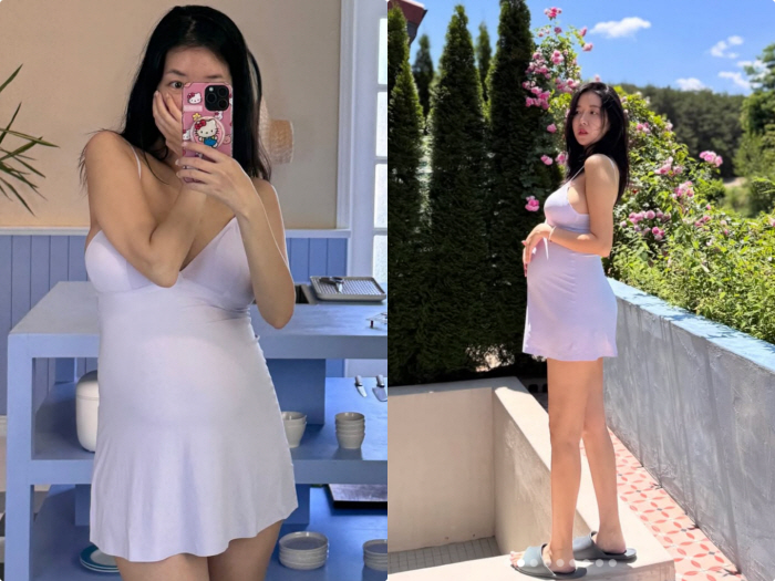 Twin Pregnant Kim Jihye Showing Off D-Line Wearing Just Sleep..It's 23 weeks, but it feels like I'm already full