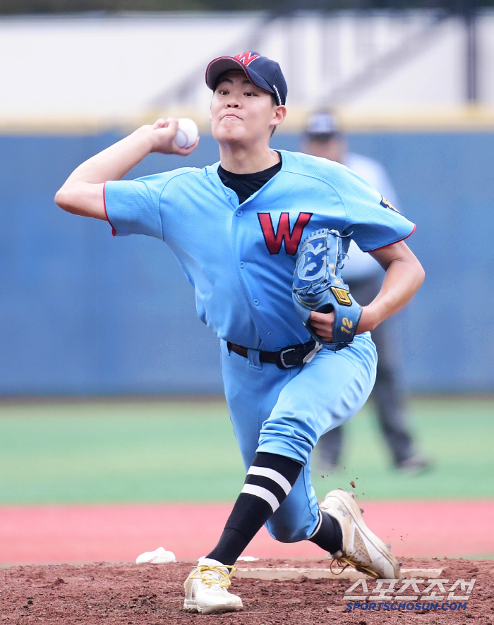 Hwimungo Kim Yoel throws a powerful pitch against Seoul High School