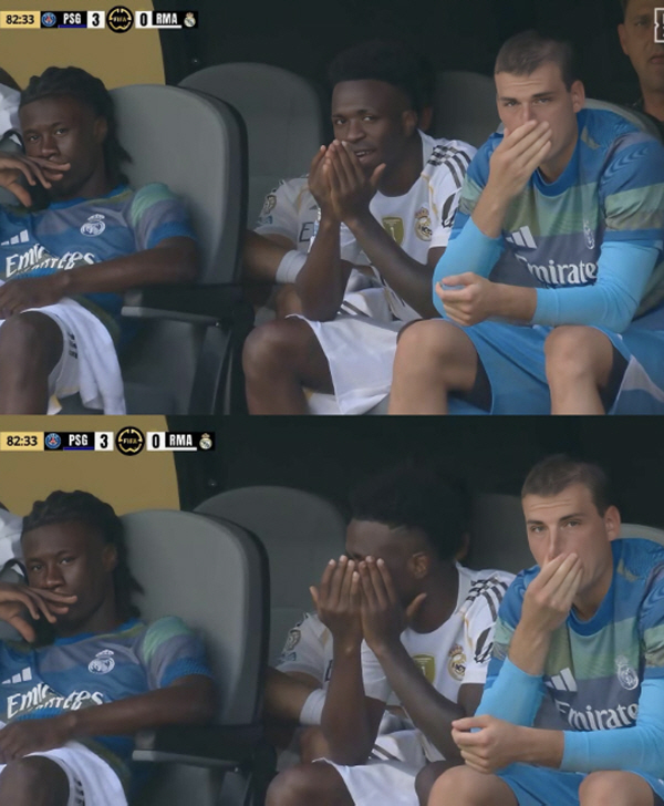 We're losing to 03! Vinicius captures giggling on bench against PSG...Fans, please leave now. Outrageous