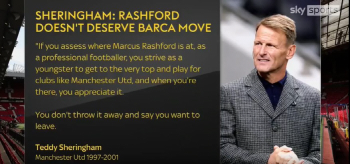 It's soul-destroying. Legend's bitter words on Rashford...Treble hero Sheringham leaving Manchester United with a big bang? I hope the transfer doesn't happen