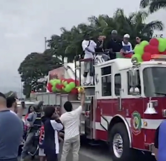Being a city hero with one win → I'm touched that my dream came true as a fire truck car parade host