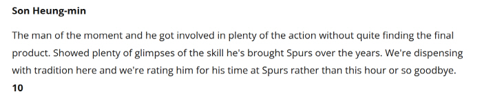 Awesome! It's so romantic! Tottenham reporter who always gave Son Heung-min 10 points for the farewell match. It was a tribute to the ten-year commitment