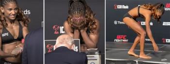 Rolling on the bottom of a chest mulberry...Female martial arts star humiliated during weigh-in