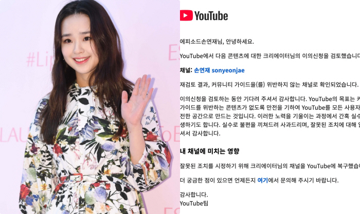 Son Yeonjae channel deleted, it wasn't a violation of the guide..YouTube's Simple Mistake, Recovery Completed