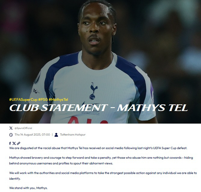 PK miss is a crime? Controversy over 20-year-old Tel's shock racism → Tottenham's consternation...Announcement of Super Strong Response, Official Statement
