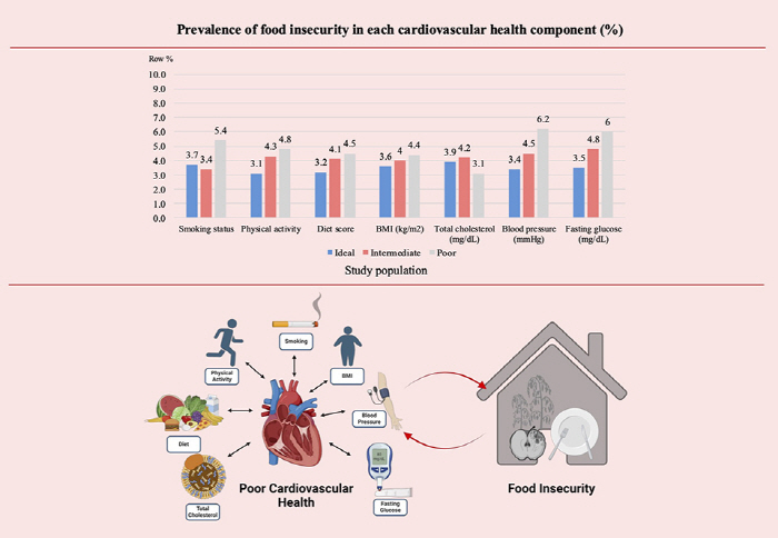 1.32 times higher risk of food insecurity intake, cardiovascular health decline...the greatest effects of smoking and high blood pressure