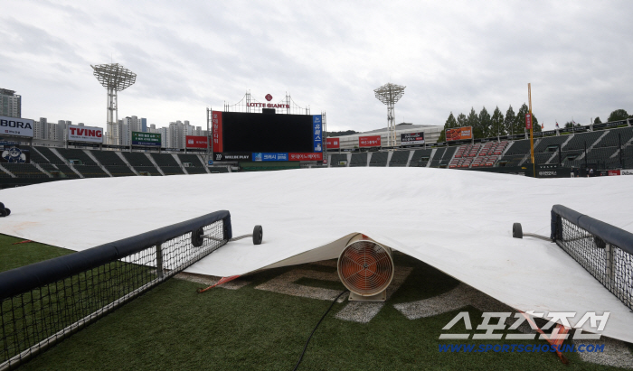  Installing a large waterproof cloth ahead of the Lotte Hanwha game