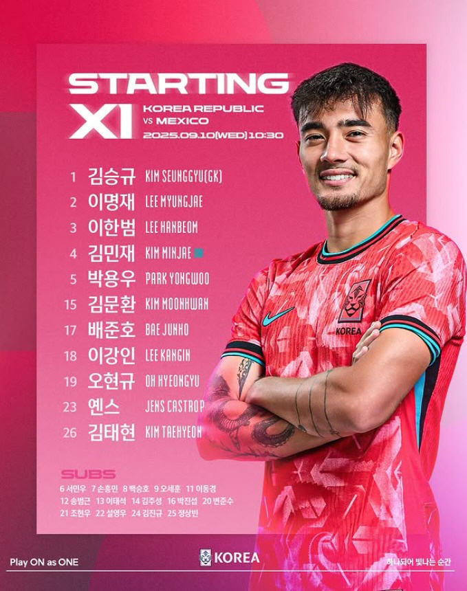  Son Heung-min bench → Starting from Kim Min-jae, replacing 9 players Hong Myung-bo-ho, exceptional best 11...Lee Kang-in → Castrope is on the line, Oh Hyun-kyu takes the lead in attack