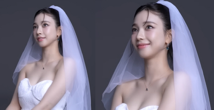 'Mom, I'm getting married.' Karina wears her first wedding dress and looks innocent with angel wings