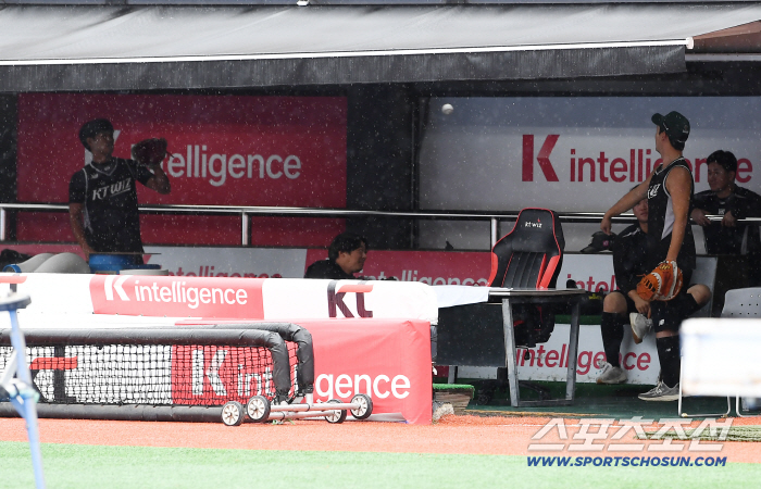  KT players playing catch in the dugout