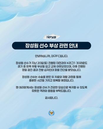  Daegu FC is not working Jang Sung-won is out for the season of anterior cruciate ligament rupture