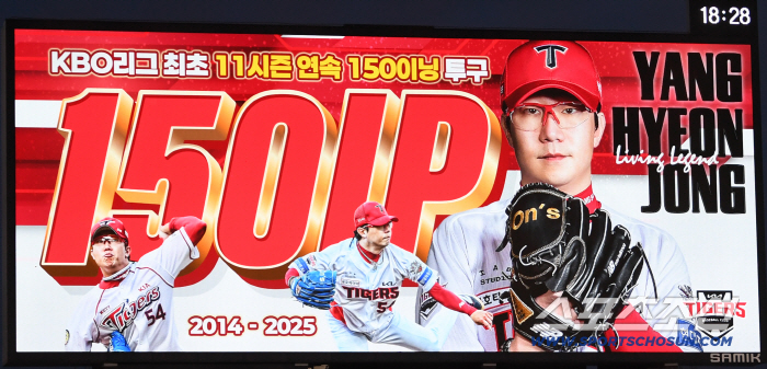  KIA Tigers starter Yang Hyun-jong who played 150 innings for the first time in 11 consecutive seasons in the KBO League
