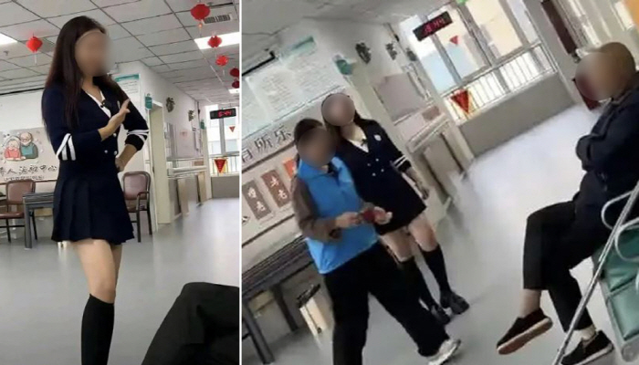 A sexy dance wearing a short skirt in front of an old man...Explanation on the induction of nursing home medication