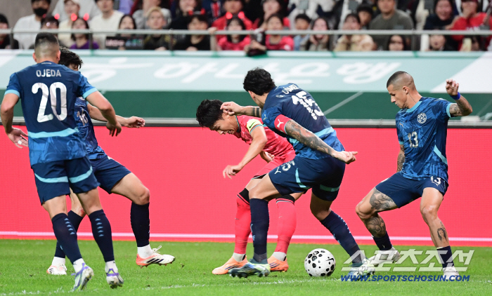  Paraguay players surrounding Son Heung-min