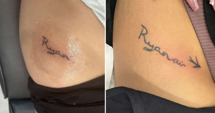 Ex boyfriend name hip tattoo ingenious fix...He's a genius