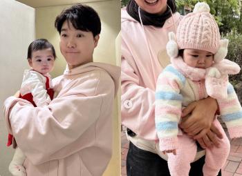 55-year-old Park Soo-hong with 1-year-old daughter Jay and a pink similar look..Bungeoppang father and daughter are becoming more and more alike