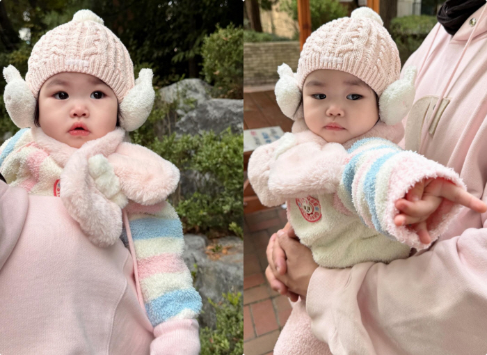 55-year-old Park Soo-hong with 1-year-old daughter Jay and a pink similar look..Bungeoppang father and daughter are becoming more and more alike
