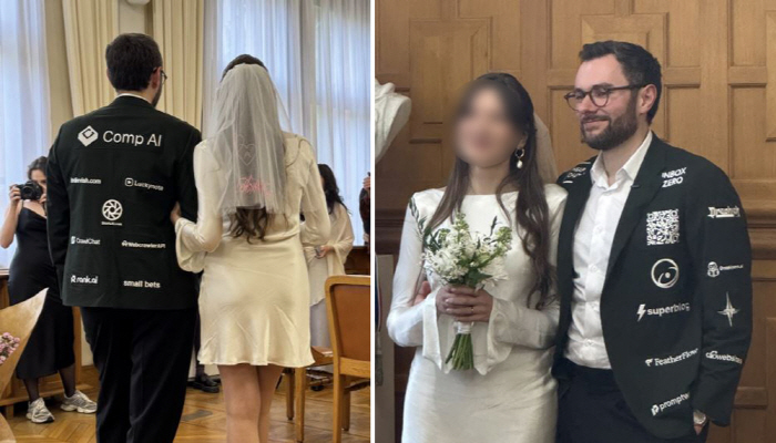 The groom in a tuxedo full of ads for the wedding...There is a twist