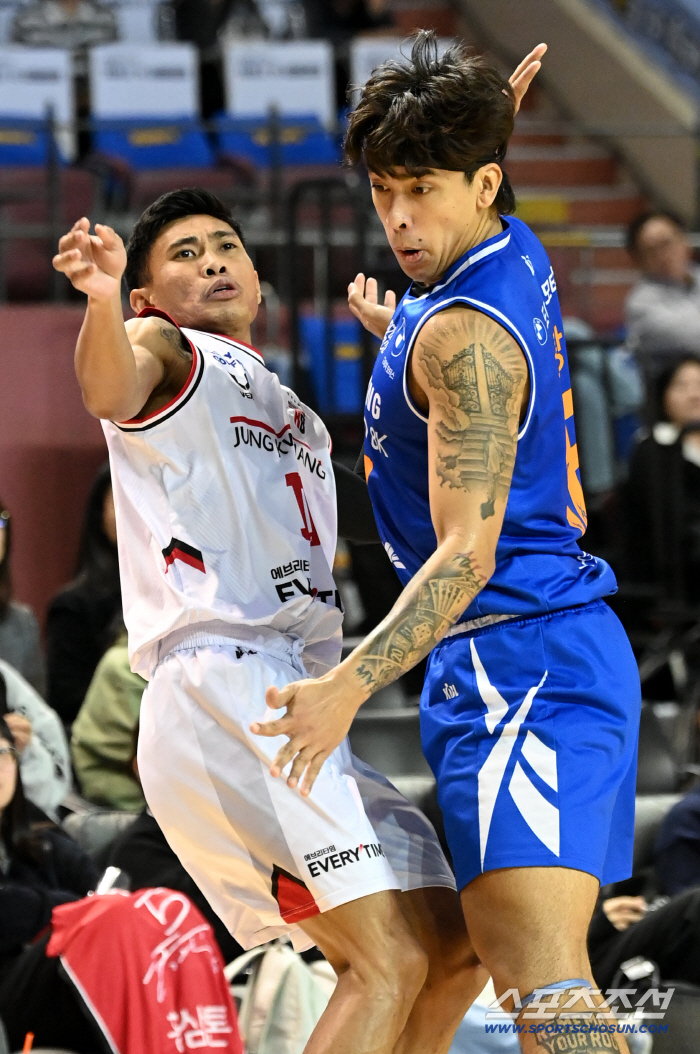  Abando trying to shoot a 3-point shot and Gutang defending