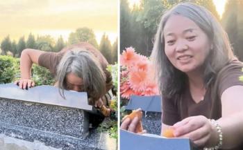White-haired mother kissing her young son's gravestone...It teaches you how to live in heaven. Tears