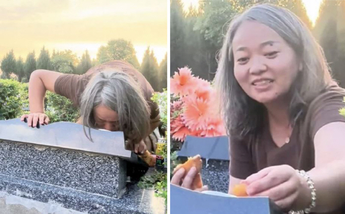 White-haired mother kissing her young son's gravestone...It teaches you how to live in heaven. Tears